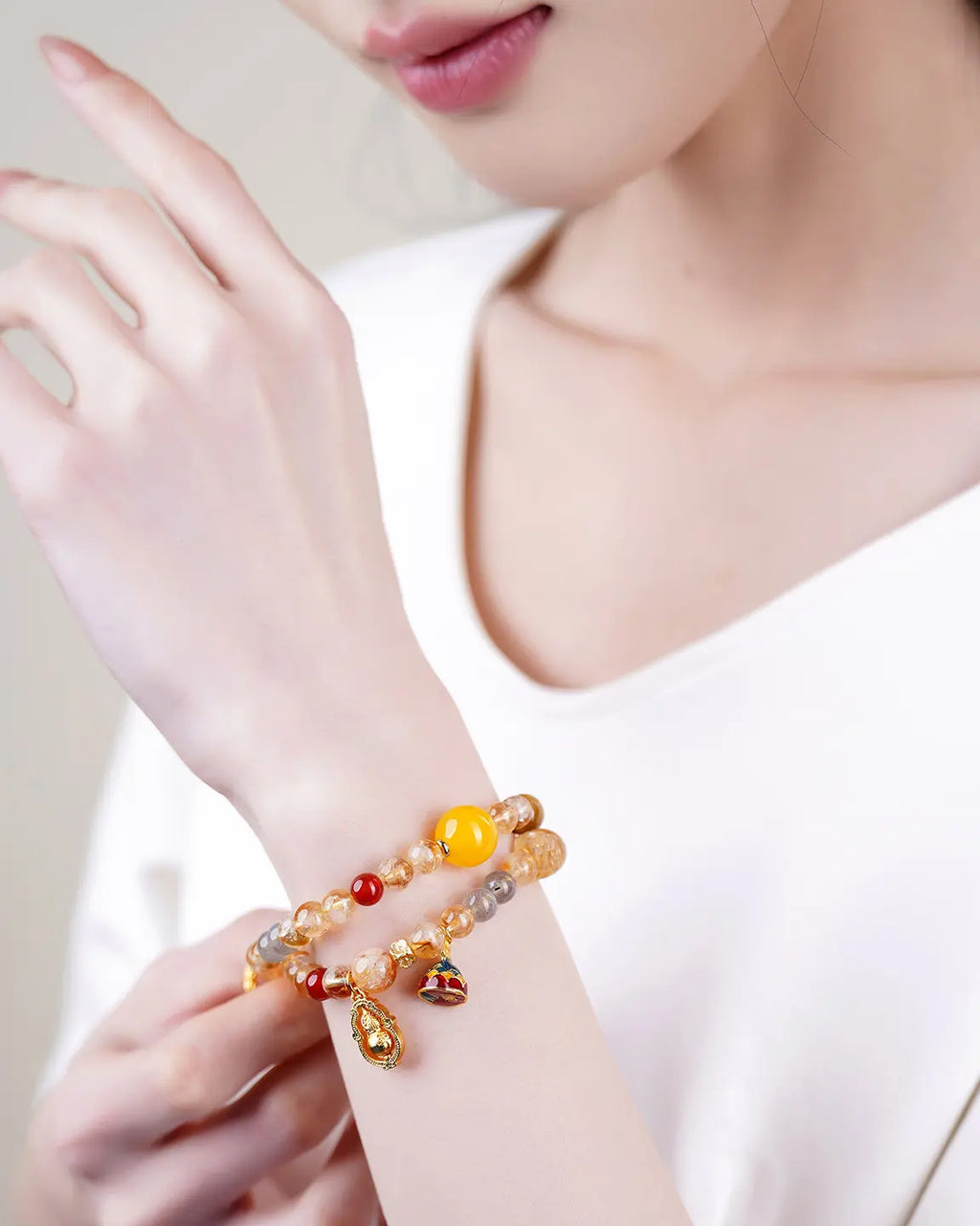Natural Citrine Pyramid Pi Xiu Double Strand Bracelet | Wealth Luck Multi-Gemstone Energy Bracelet for Women