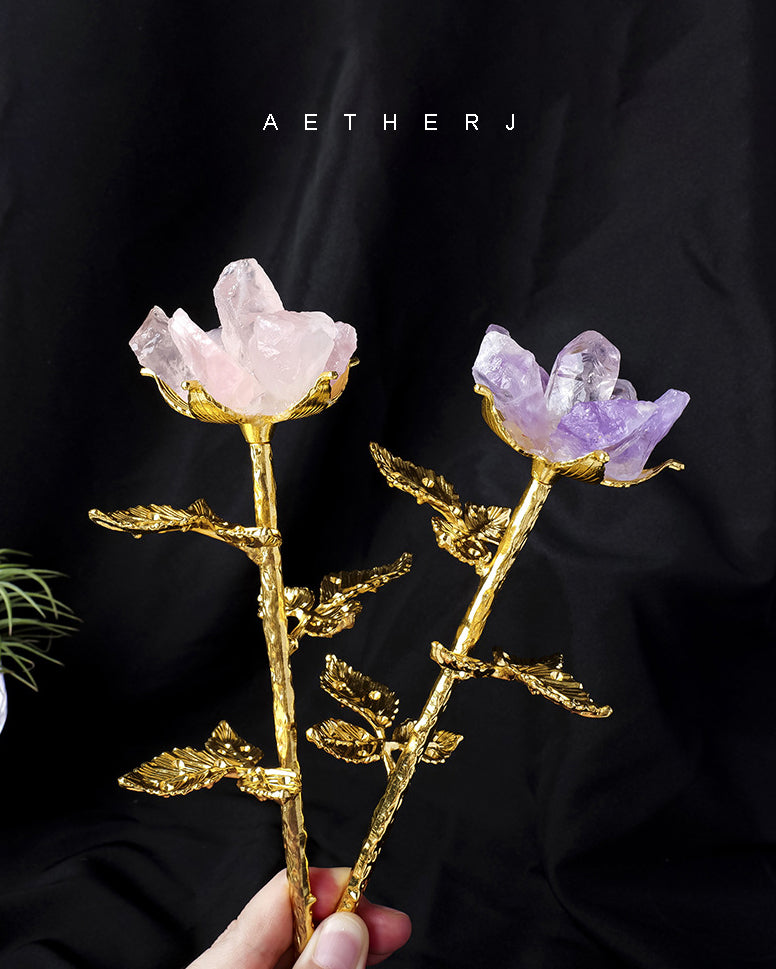 Natural Crystal Rose Flower Arrangement – Clear Quartz, Amethyst or Rose Quartz