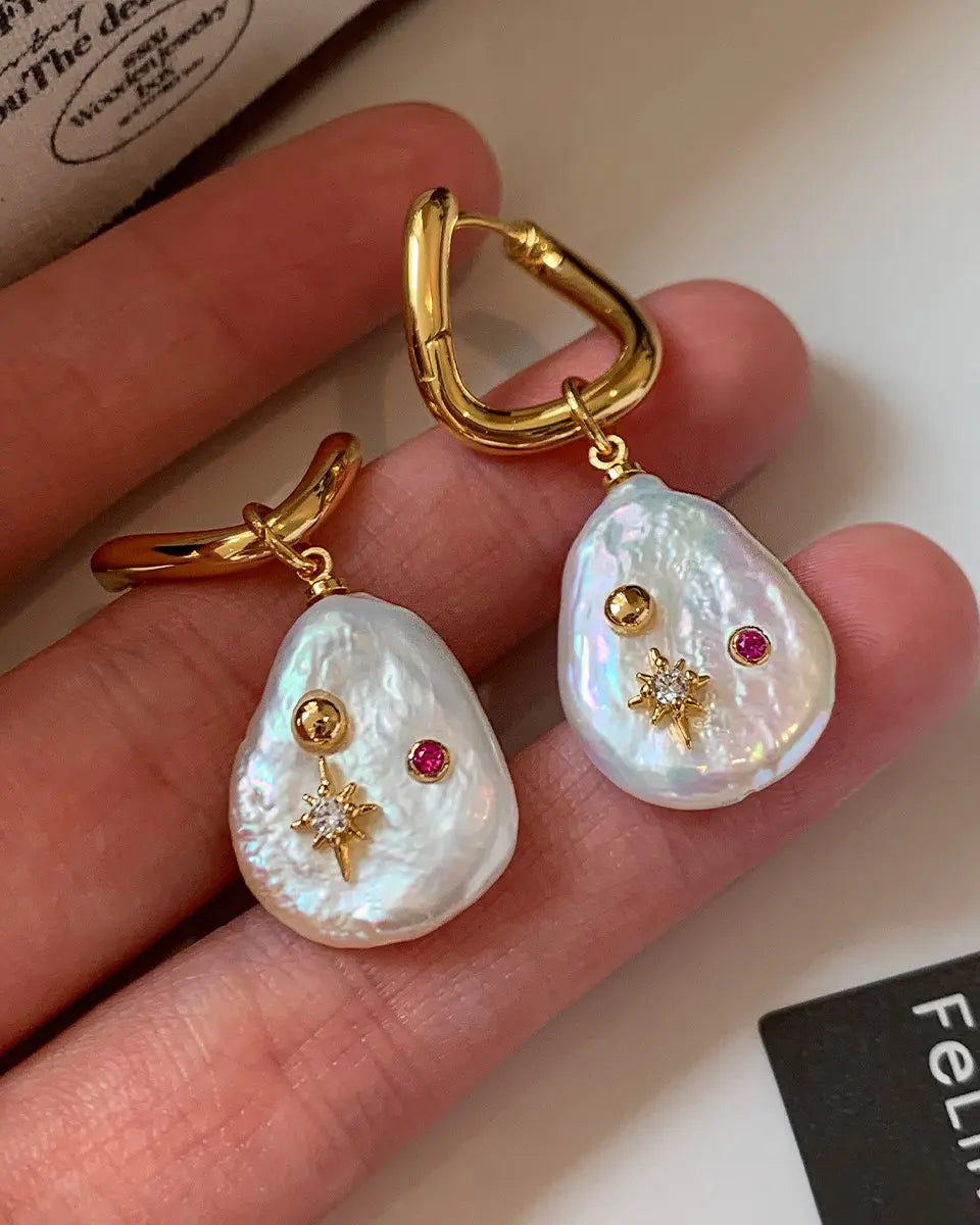 Natural Freshwater Baroque Pearl Hexagram Star Earrings