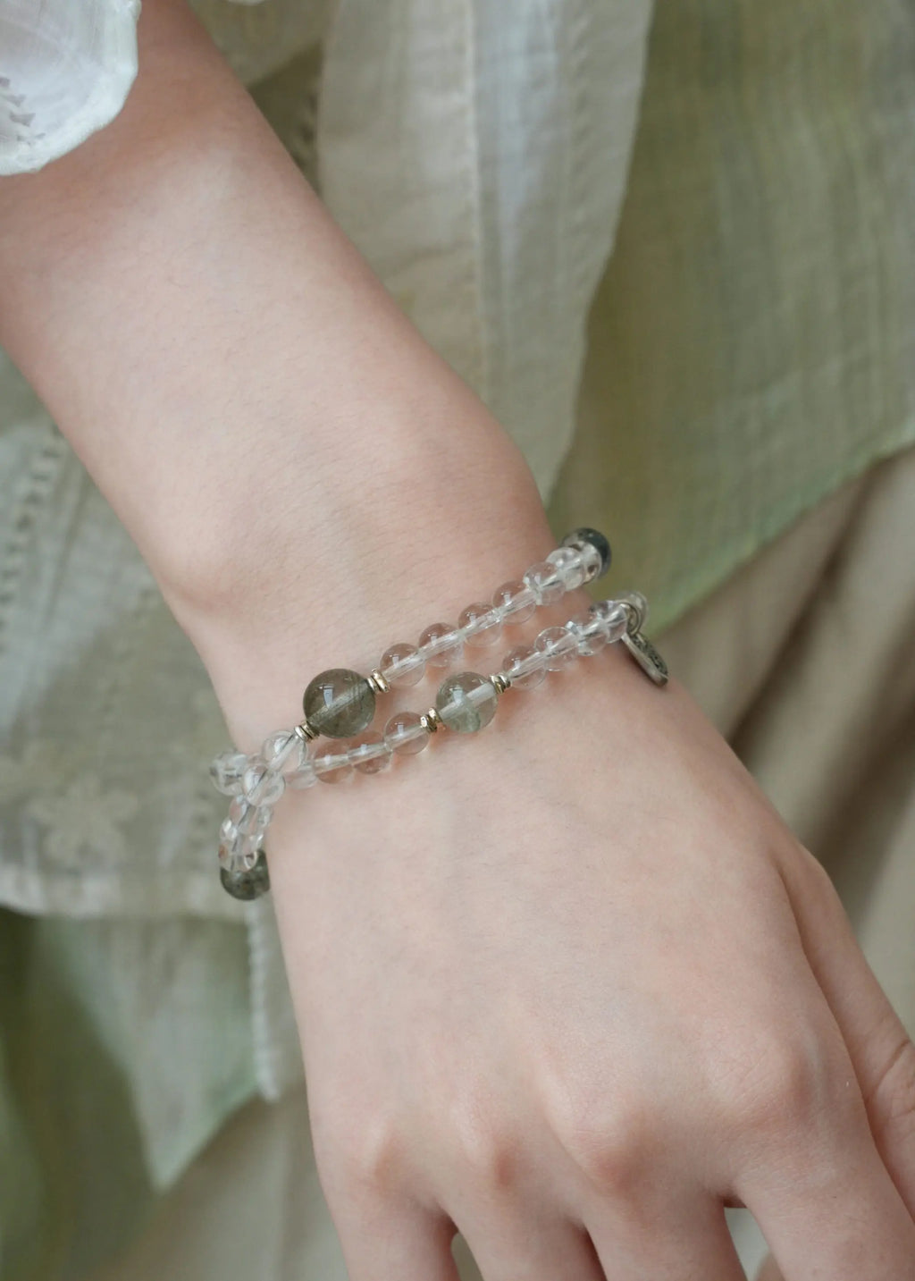 Natural High-Clarity White Crystal & Green Phantom Quartz Women's Wealth Bracelet