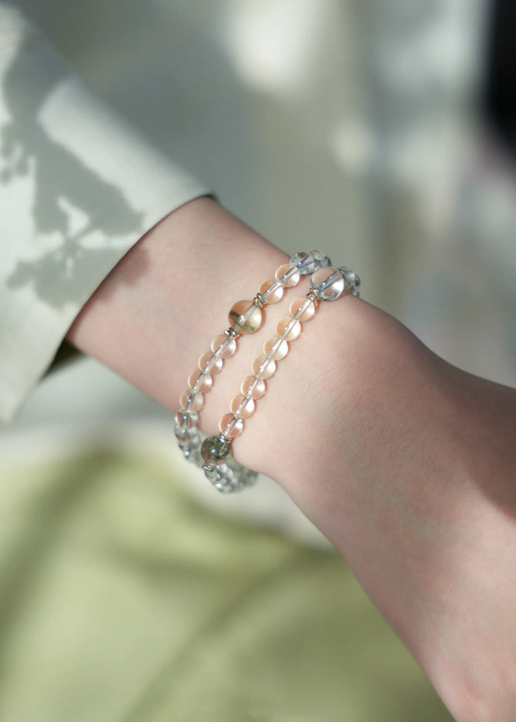 Natural High-Clarity White Crystal & Green Phantom Quartz Women's Wealth Bracelet