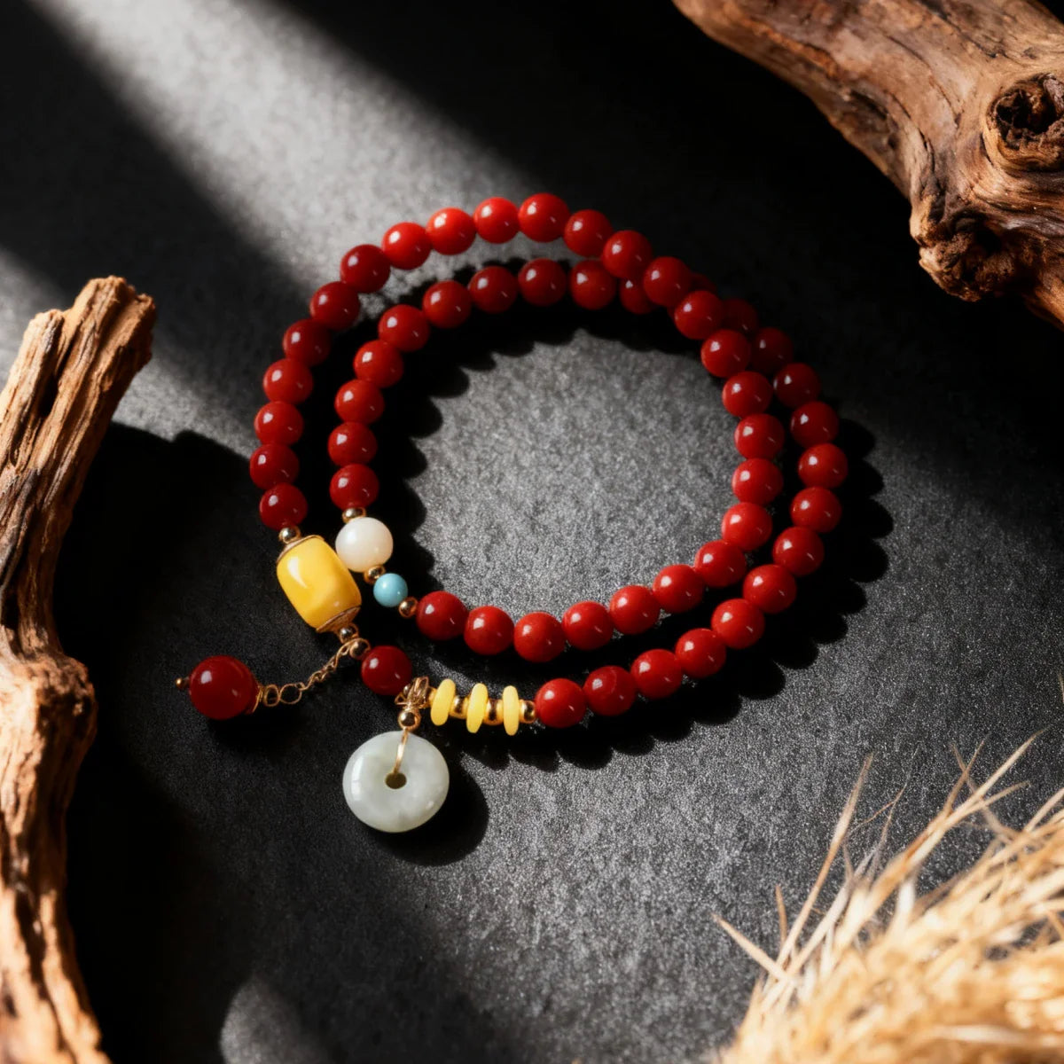 Red beaded bracelet with colorful beads on a dark surface with natural elements.