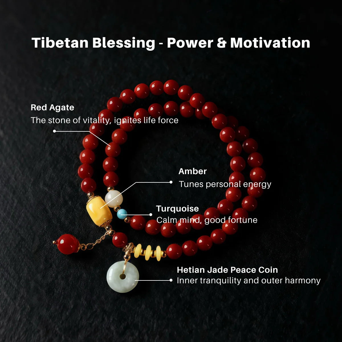 Tibetan blessing bracelet with colored beads and peace coin on a dark background