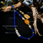 Beaded phone charm with labeled components on a dark background