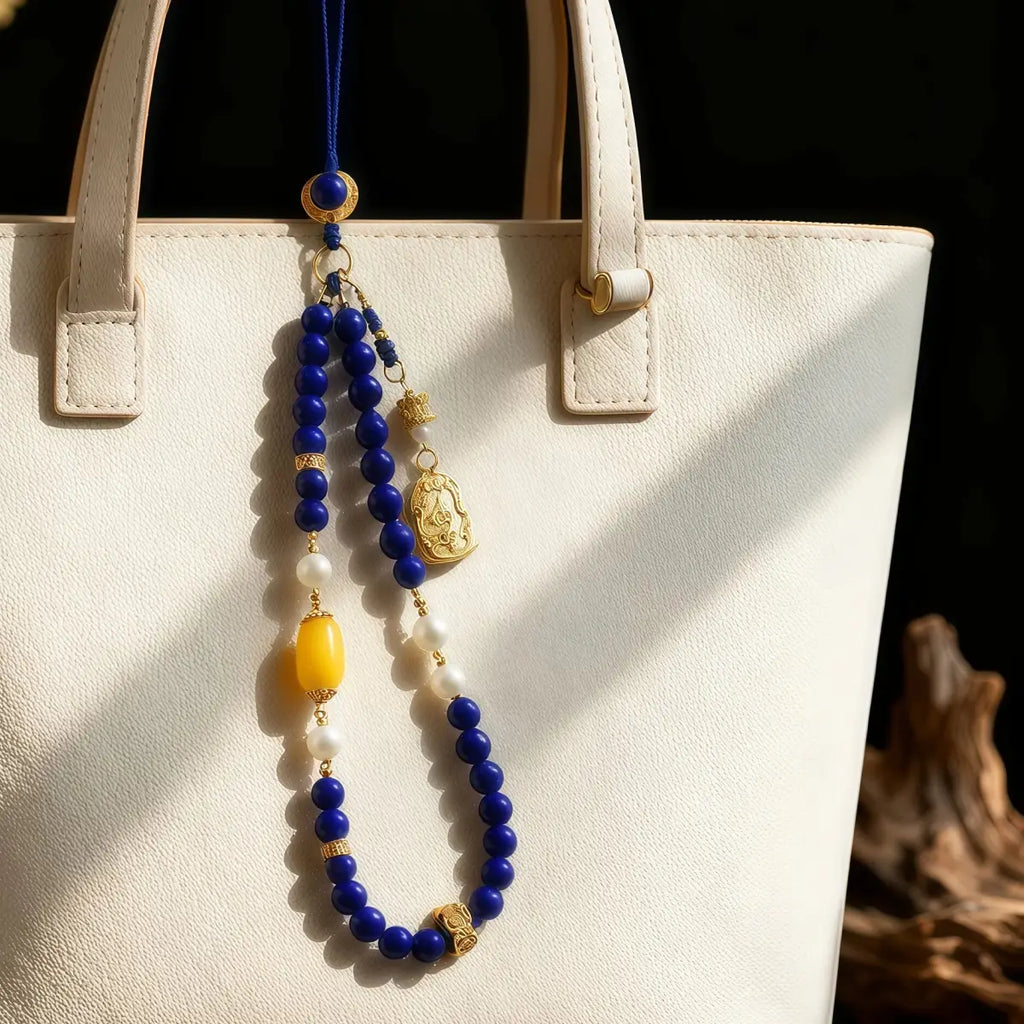 Beaded phone charm with blue, yellow, and white beads hanging from a white handbag.