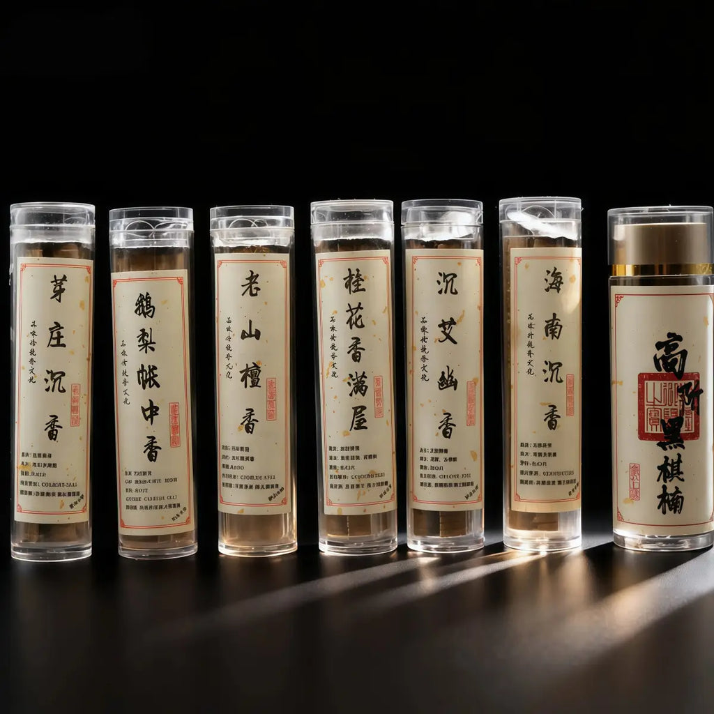 Row of tibetan cloud incense slices in the clear cylindrical containers with scents labels on a dark background