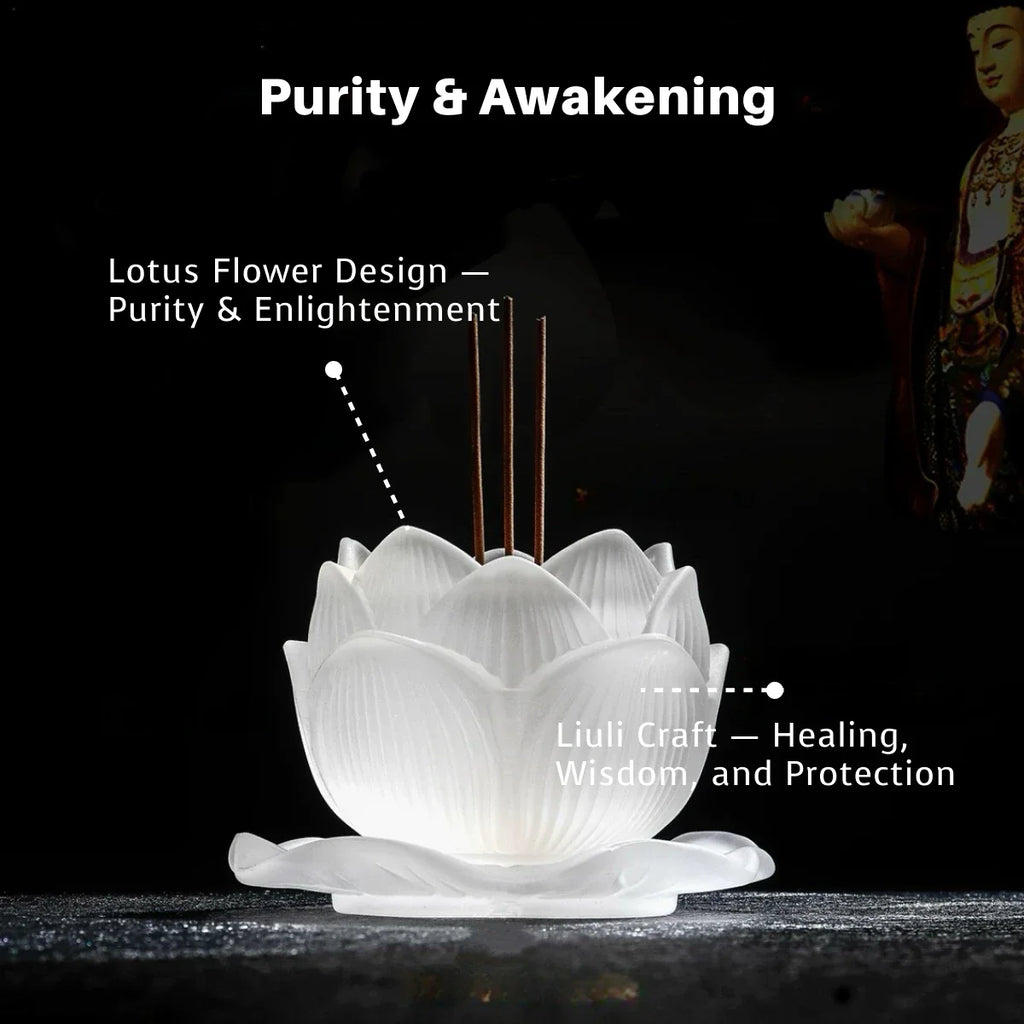 White lotus flower liuli incense burner with incense sticks on a dark background, featuring text about purity, awakening, and enlightenment.