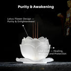 White lotus flower liuli incense burner with incense sticks on a dark background, featuring text about purity, awakening, and enlightenment.
