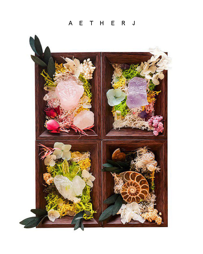 Raw Crystal & Preserved Flower Shadow Box – Fossil, Amethyst, Quartz or Rose