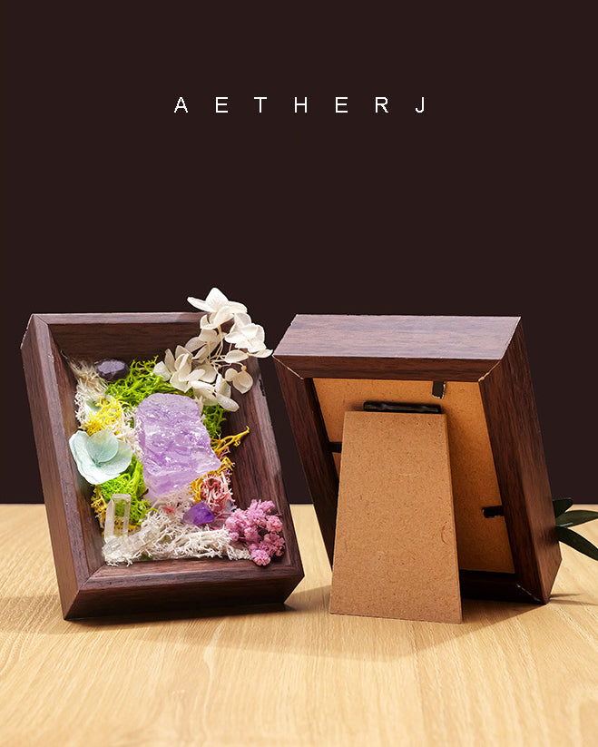 Raw Crystal & Preserved Flower Shadow Box – Fossil, Amethyst, Quartz or Rose