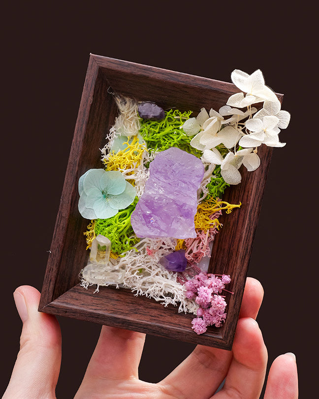 Raw Crystal & Preserved Flower Shadow Box – Fossil, Amethyst, Quartz or Rose
