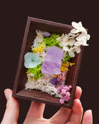 Raw Crystal & Preserved Flower Shadow Box – Fossil, Amethyst, Quartz or Rose