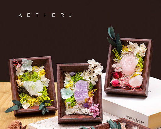 Raw Crystal & Preserved Flower Shadow Box – Fossil, Amethyst, Quartz or Rose