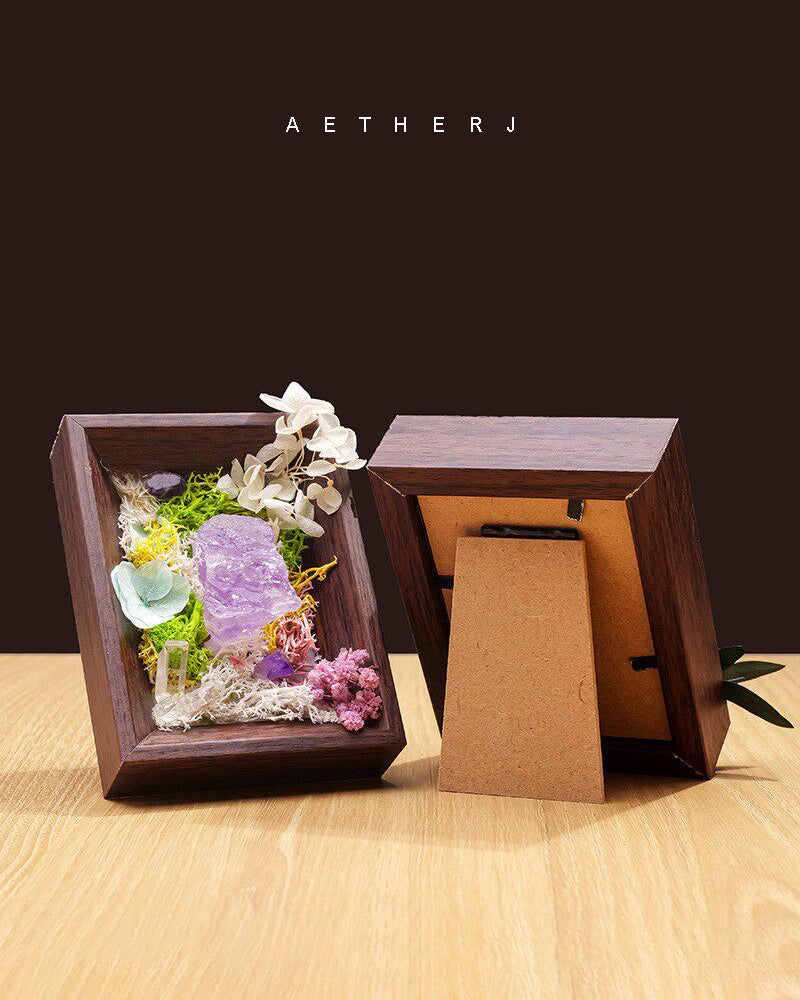 Raw Crystal & Preserved Flower Shadow Box – Fossil, Amethyst, Quartz or Rose