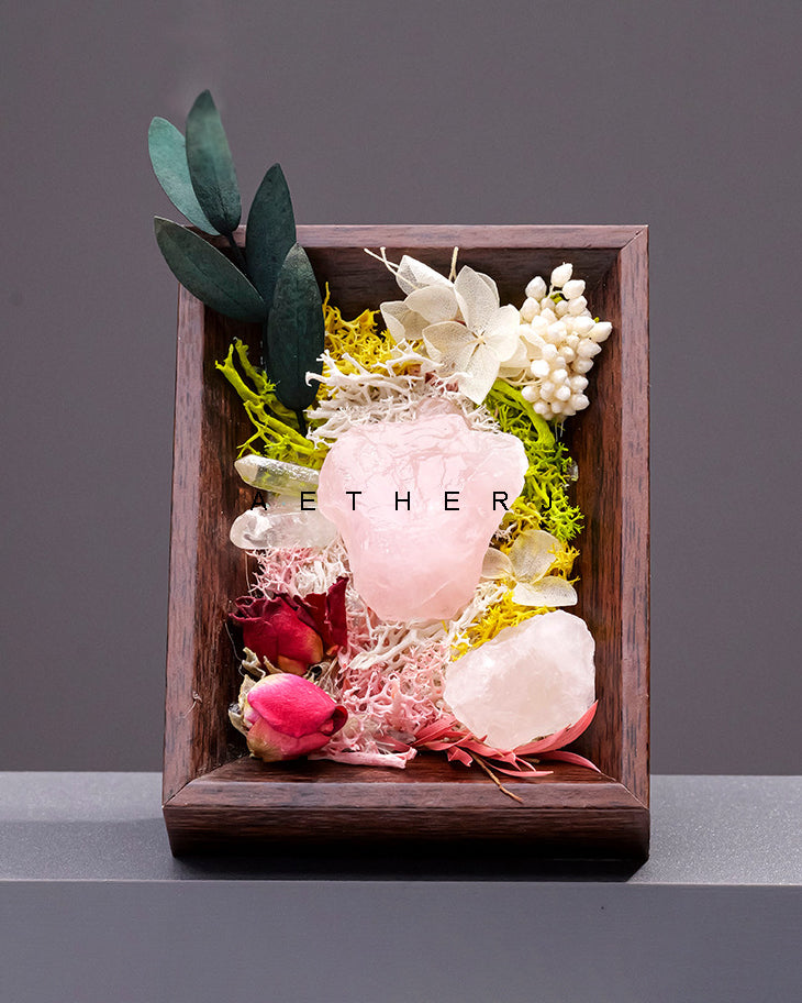 Raw Crystal & Preserved Flower Shadow Box – Fossil, Amethyst, Quartz or Rose