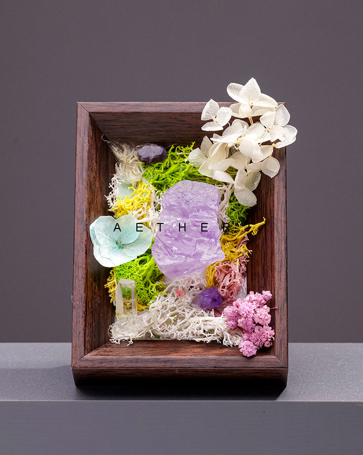 Raw Crystal & Preserved Flower Shadow Box – Fossil, Amethyst, Quartz or Rose