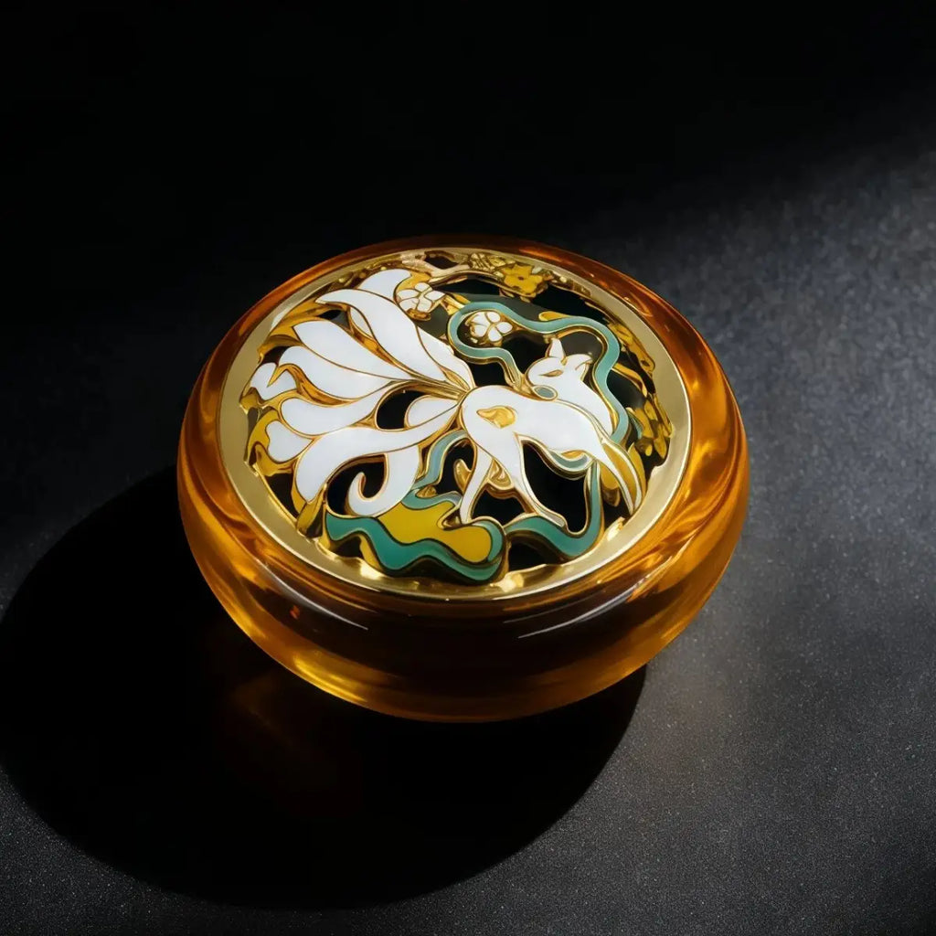 Decorative incense holder with floral design on a dark background