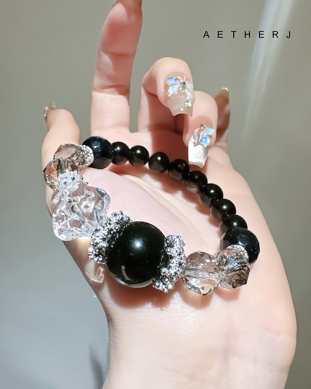 Spinel and silver obsidian bracelet for night protection, grounding, energy cleansing, and Aetherj