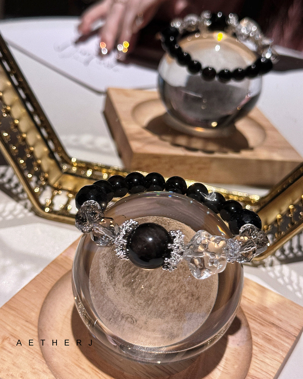 Spinel and silver obsidian bracelet for night protection, grounding, energy cleansing, and Aetherj