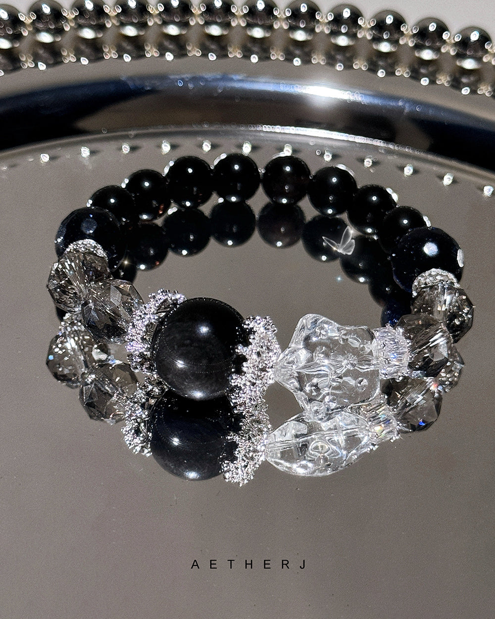Spinel and silver obsidian bracelet for night protection, grounding, energy cleansing, and Aetherj