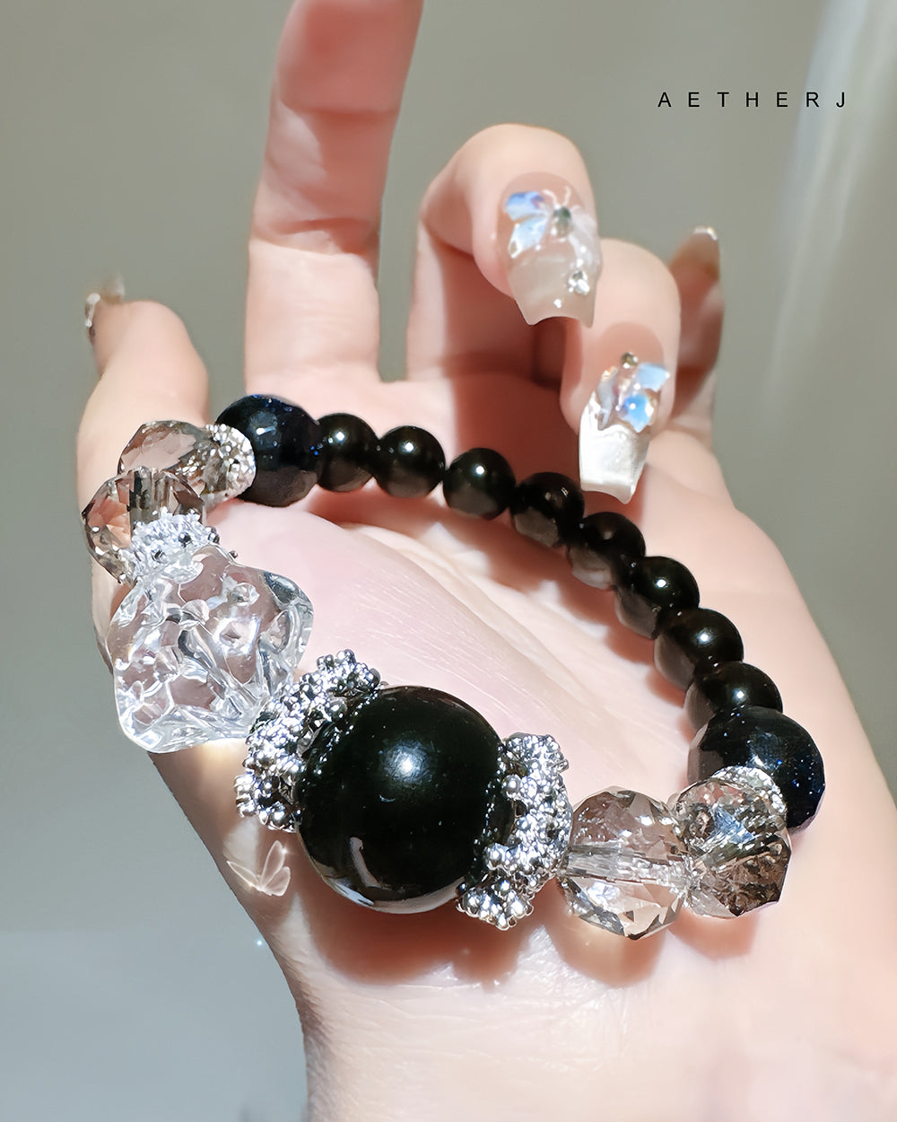 Spinel and silver obsidian bracelet for night protection, grounding, energy cleansing, and Aetherj