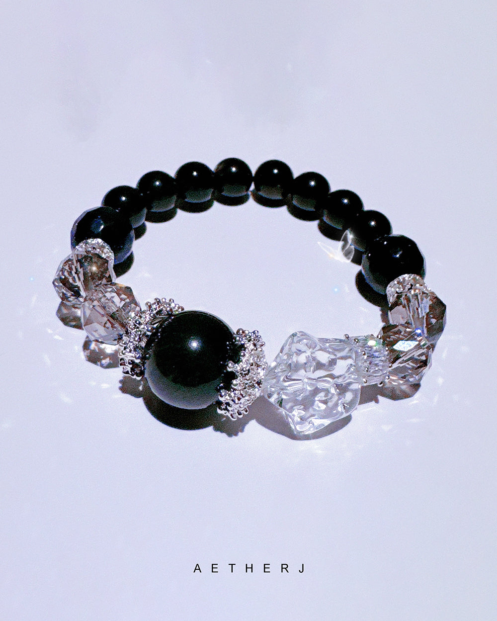 Spinel and silver obsidian bracelet for night protection, grounding, energy cleansing, and Aetherj