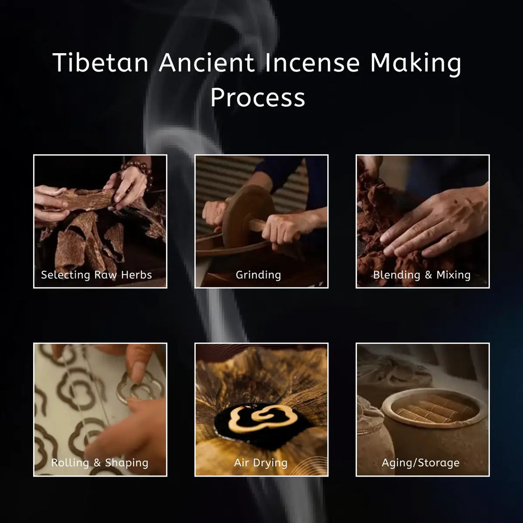 Step-by-step process of Tibetan ancient incense making with smoke effect.