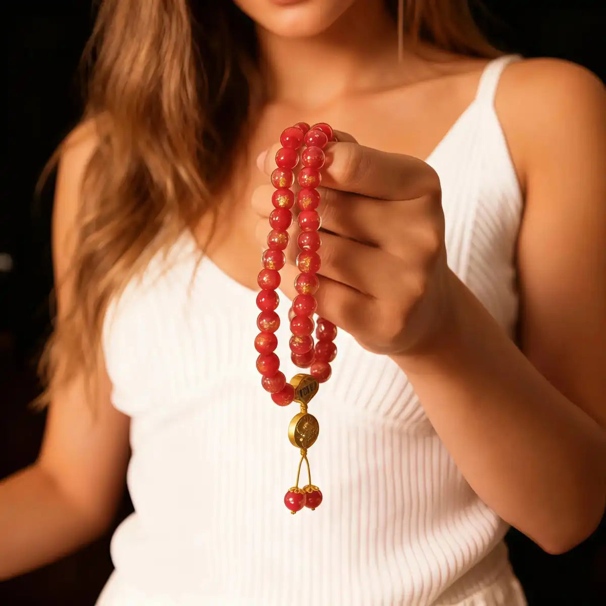Woman holding a red liuli glass beaded bracelet with a blurred background