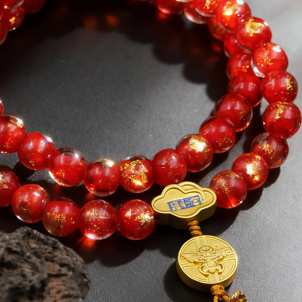 Red beaded bracelet with gold accents on a dark surface