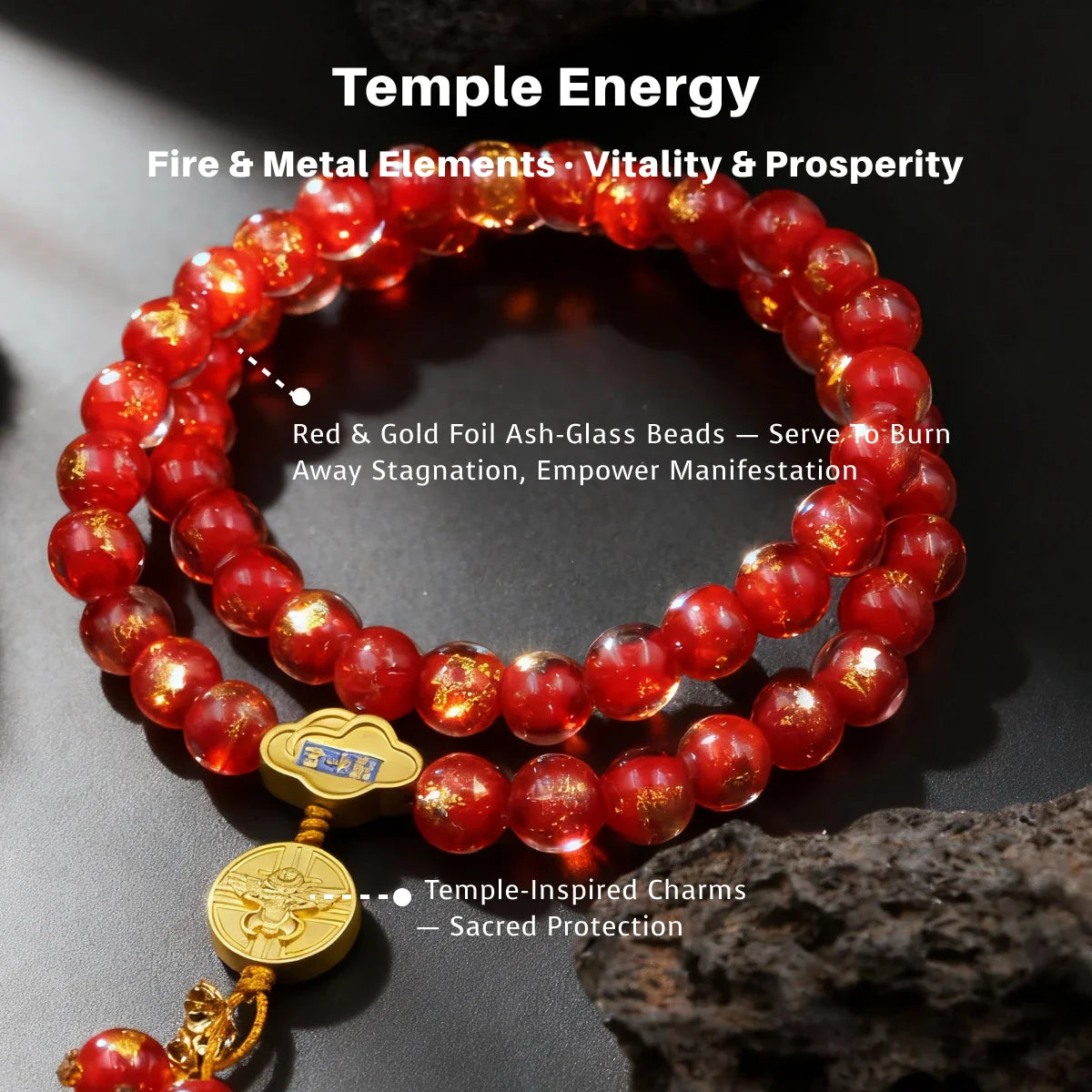 Red and gold beaded bracelet with charms on a dark background, labeled 'Temple Energy'.