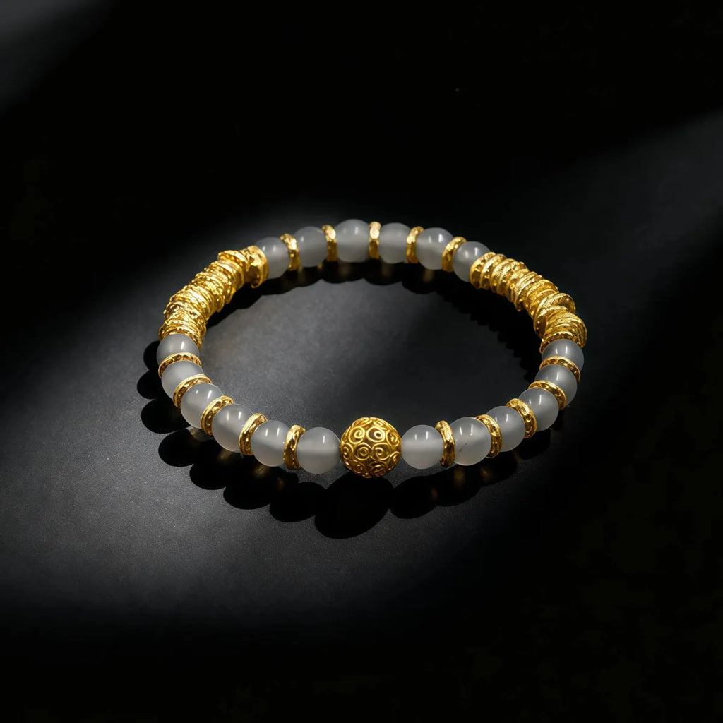 Gray agate fortune bracelet with gold-accented beads, natural stone jewelry for wealth, prosperity, stability, and balance, spiritual bracelet for men and women