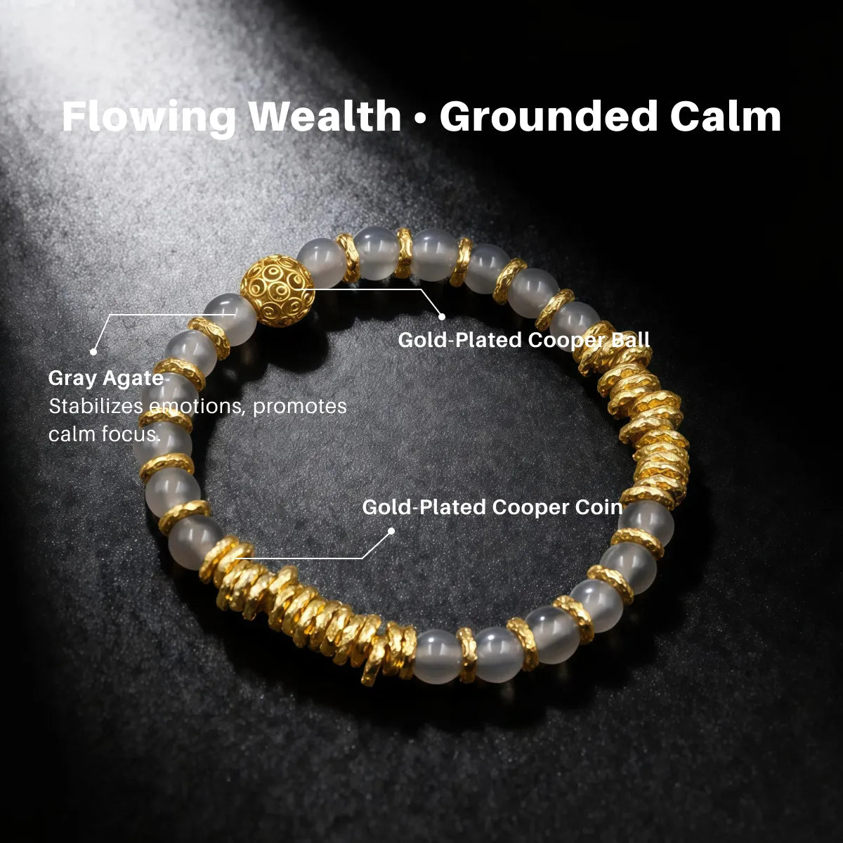 Bracelet with gold-plated elements and gray agate beads on a dark background