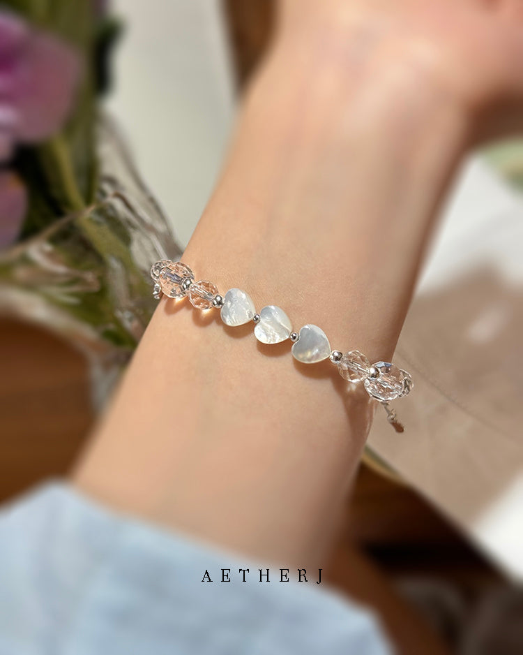 White Crystal & Mother-of-Pearl Heart Bracelet for Love, Clarity & Everyday Elegance