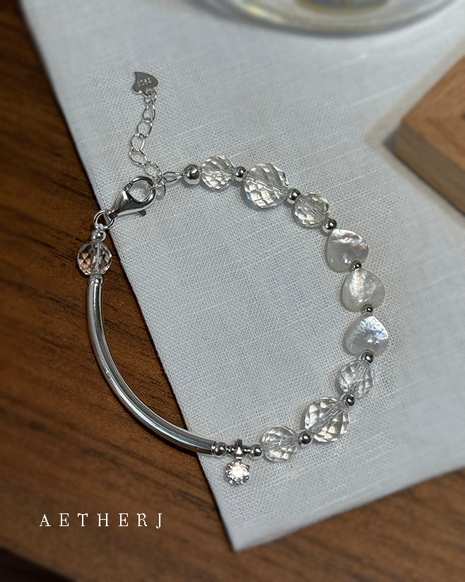 White Crystal & Mother-of-Pearl Heart Bracelet for Love, Clarity & Everyday Elegance