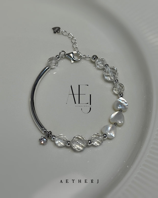 White Crystal & Mother-of-Pearl Heart Bracelet for Love, Clarity & Everyday Elegance