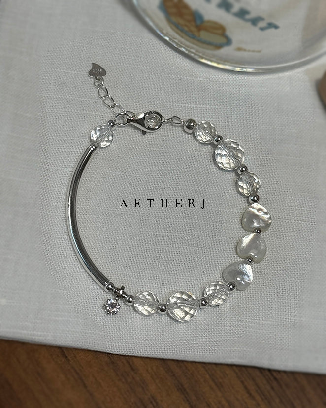White Crystal & Mother-of-Pearl Heart Bracelet for Love, Clarity & Everyday Elegance
