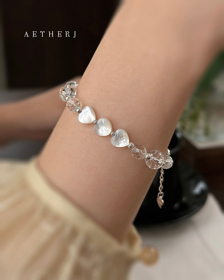 White Crystal & Mother-of-Pearl Heart Bracelet for Love, Clarity & Everyday Elegance