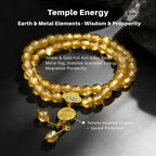 Gold liuli glass beaded bracelet with charms on a dark background, labeled 'Temple Energy'.