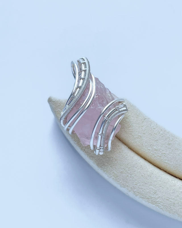 Natural Gem-Grade Raw Rose Quartz Hand-Wired Pendant Necklace
