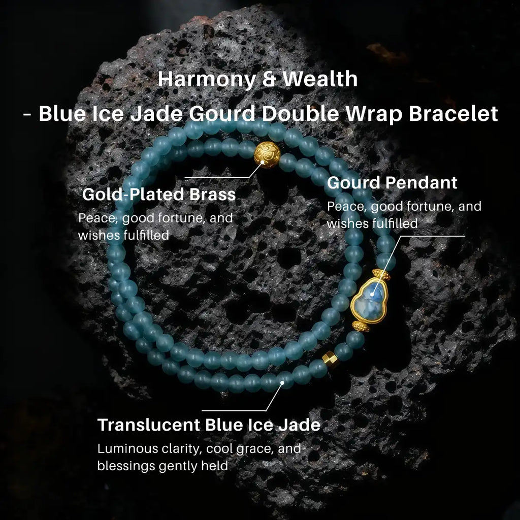 Harmony & Wealth – Blue Ice Jade Gourd Double Wrap Bracelet