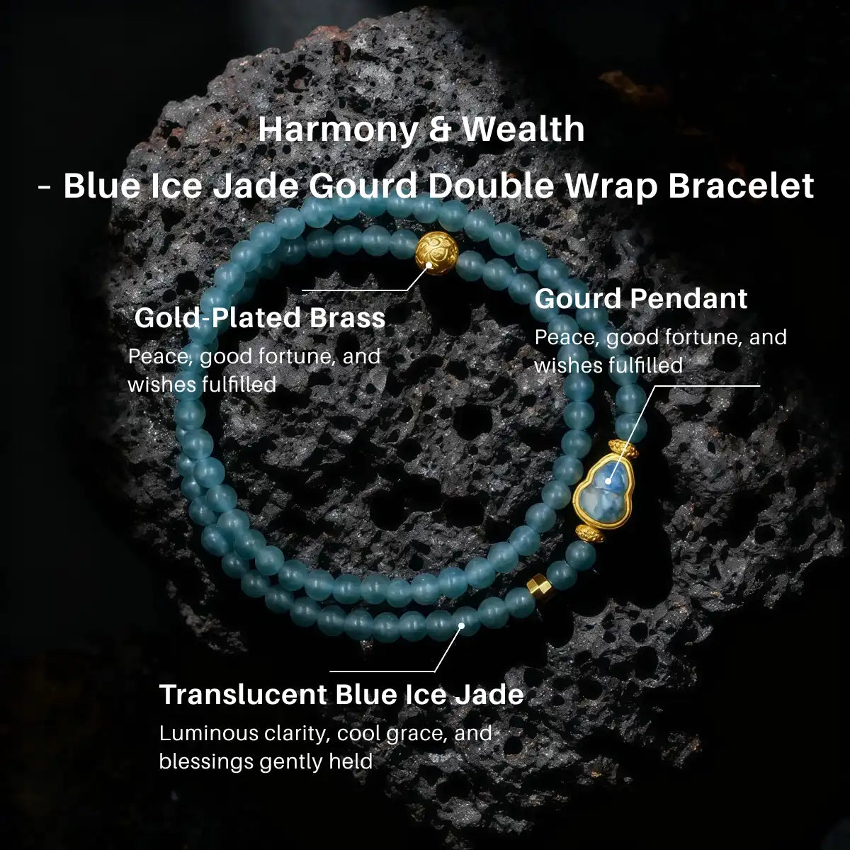 Harmony & Wealth – Blue Ice Jade Gourd Double Wrap Bracelet