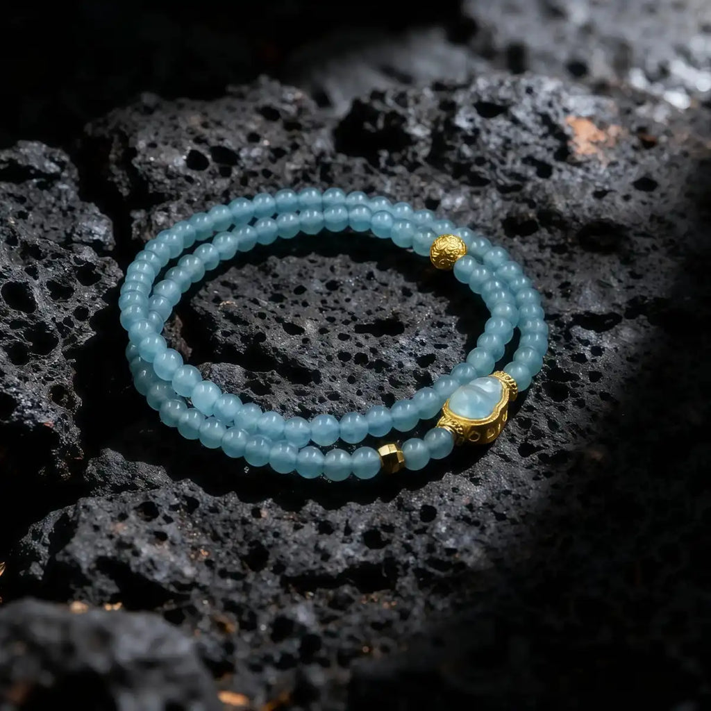 Harmony & Wealth – Blue Ice Jade Gourd Double Wrap Bracelet