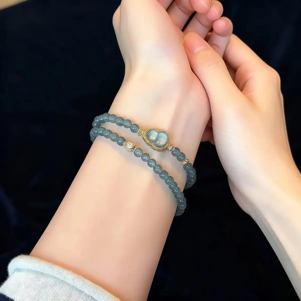 Harmony & Wealth – Blue Ice Jade Gourd Double Wrap Bracelet